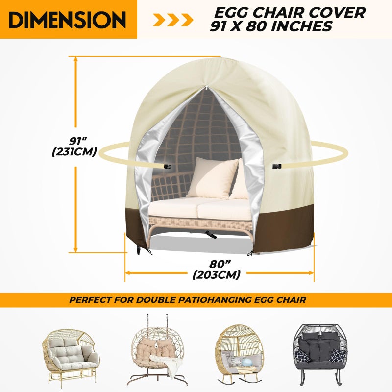 Uthem Double Egg Chair Cover Waterproof 420D Oxford Hanging Outdoor Furniture Covers for Patio Wicker Egg Swing Cocoon Chair, 91x80 Inches,Beige - Image 5